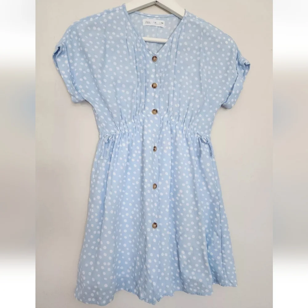 ZARA GIRLS BLUE WHITE  POLKA DOT  ELASTIC WAIST LIGHT DRESS SZ.8 - Picture 8 of 10